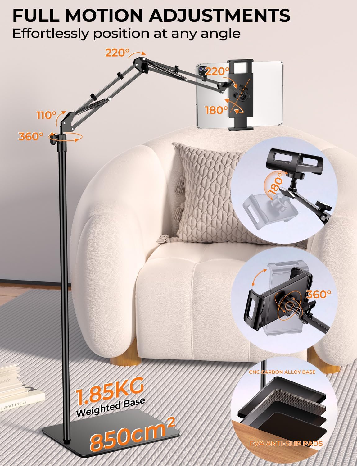 Tryone Tablet Floor Stand for Kindle Holder: E-Book Bed Mount with Page Turne...