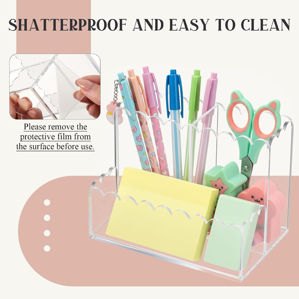 Scalloped Acrylic Pencil Holder for Desk, 3 Compartments