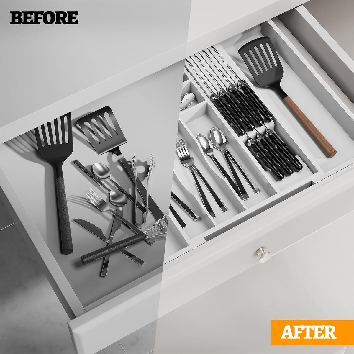 Bamboo Silverware Drawer Organizer, 6-8 Slots Kitchen Drawer Tray