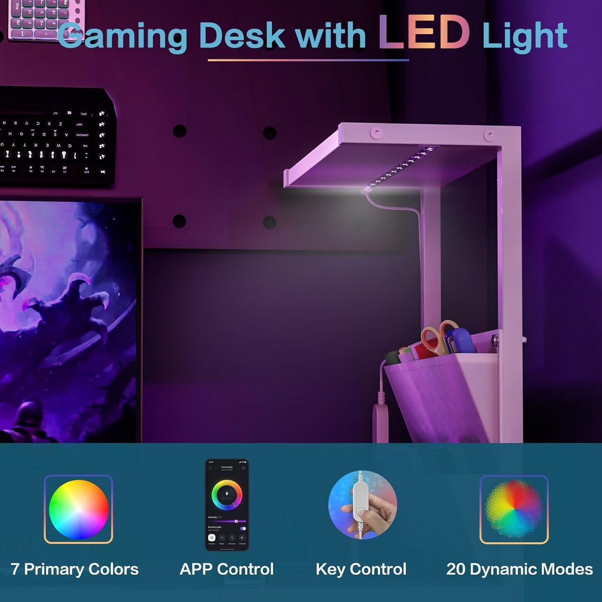 Jakyitvi 33.7" Computer Desk with Power Outlets, LED Lights & Drawer...