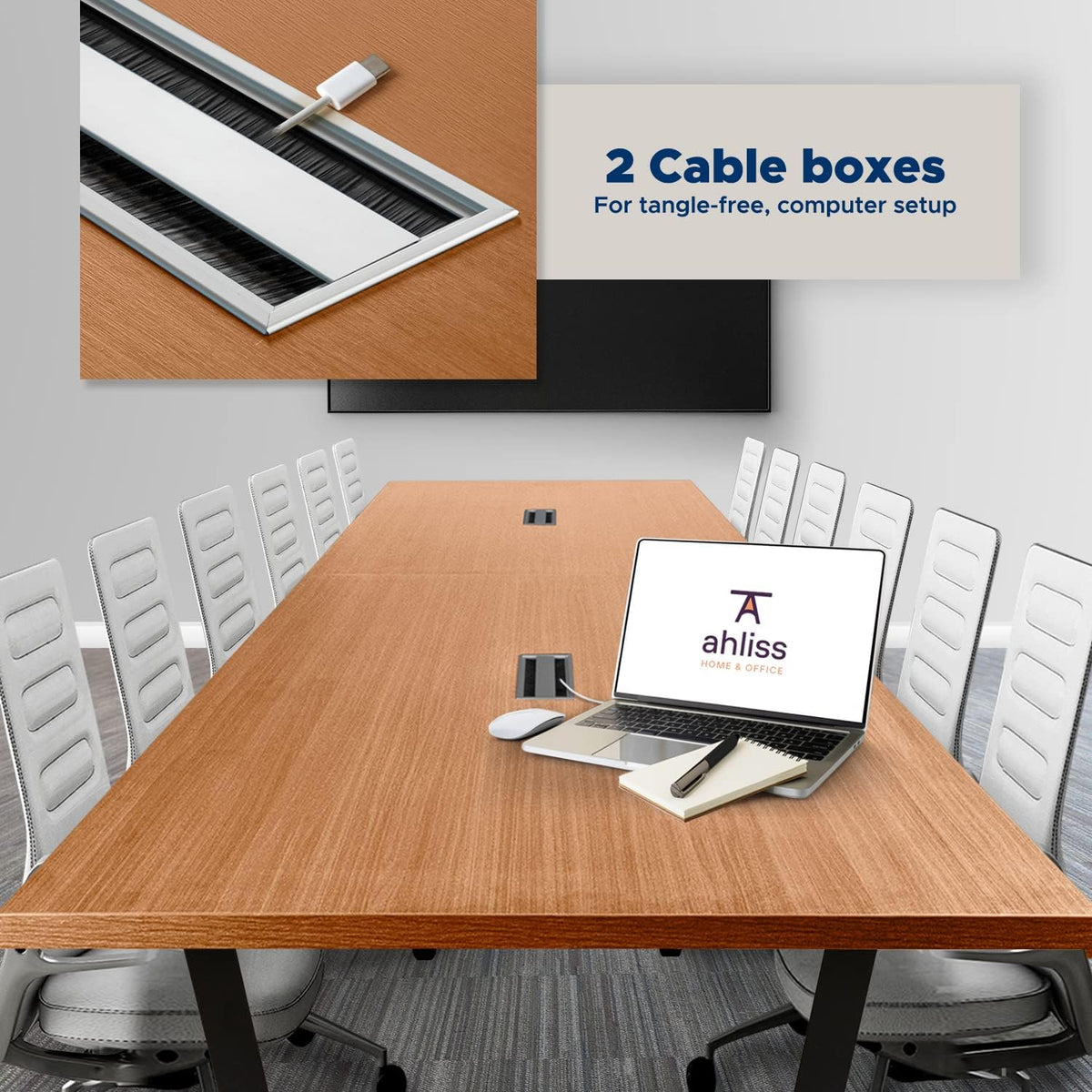 12FT Conference Table with Cable Management Grommets — Modern Rectangle Offic...