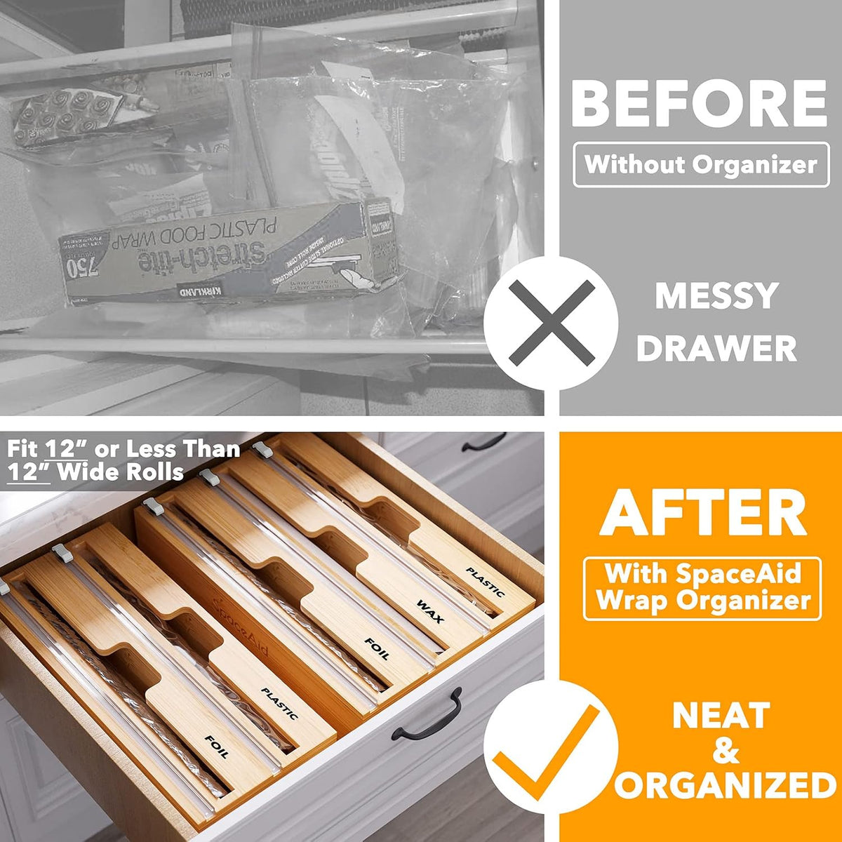 SpaceAid WrapNeat 3 in 1 Wrap Organizer with Cutter and Labels, Plastic Wrap,...