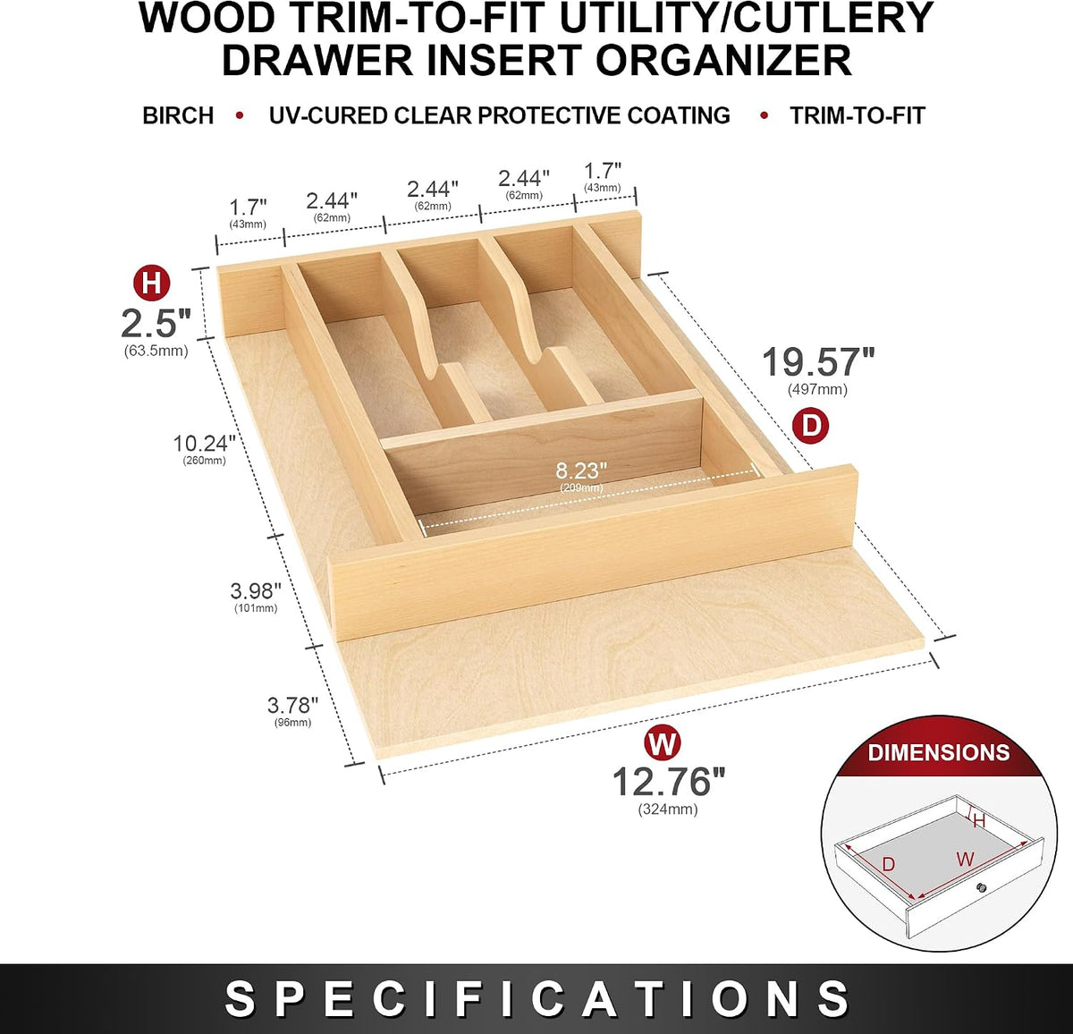 Clikuutory Natural Birch Wood Utensil Drawer Insert Organizer with 7 Compartm...