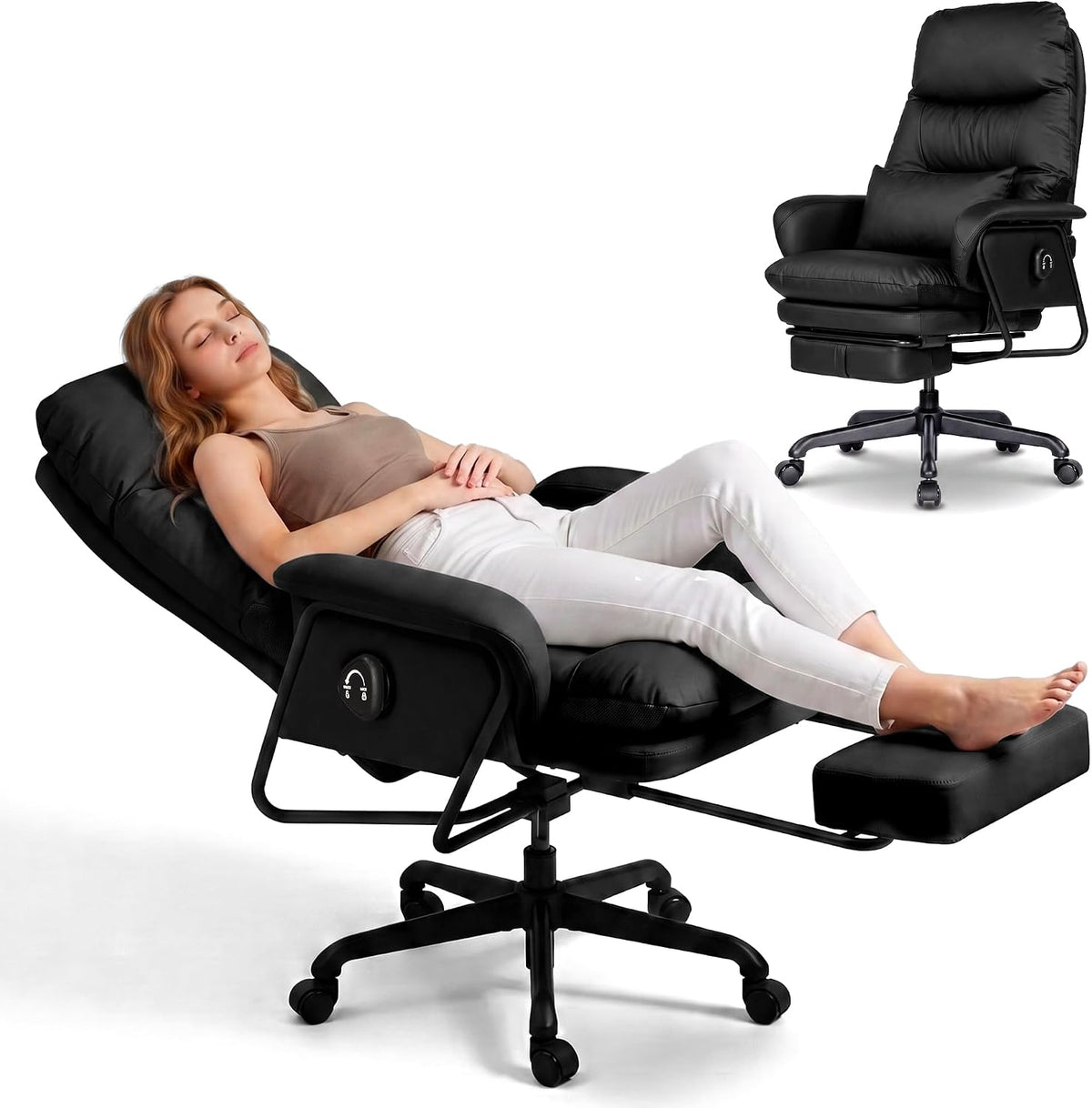 180° Reclining Office Chair with Footrest, PU Leather, Black