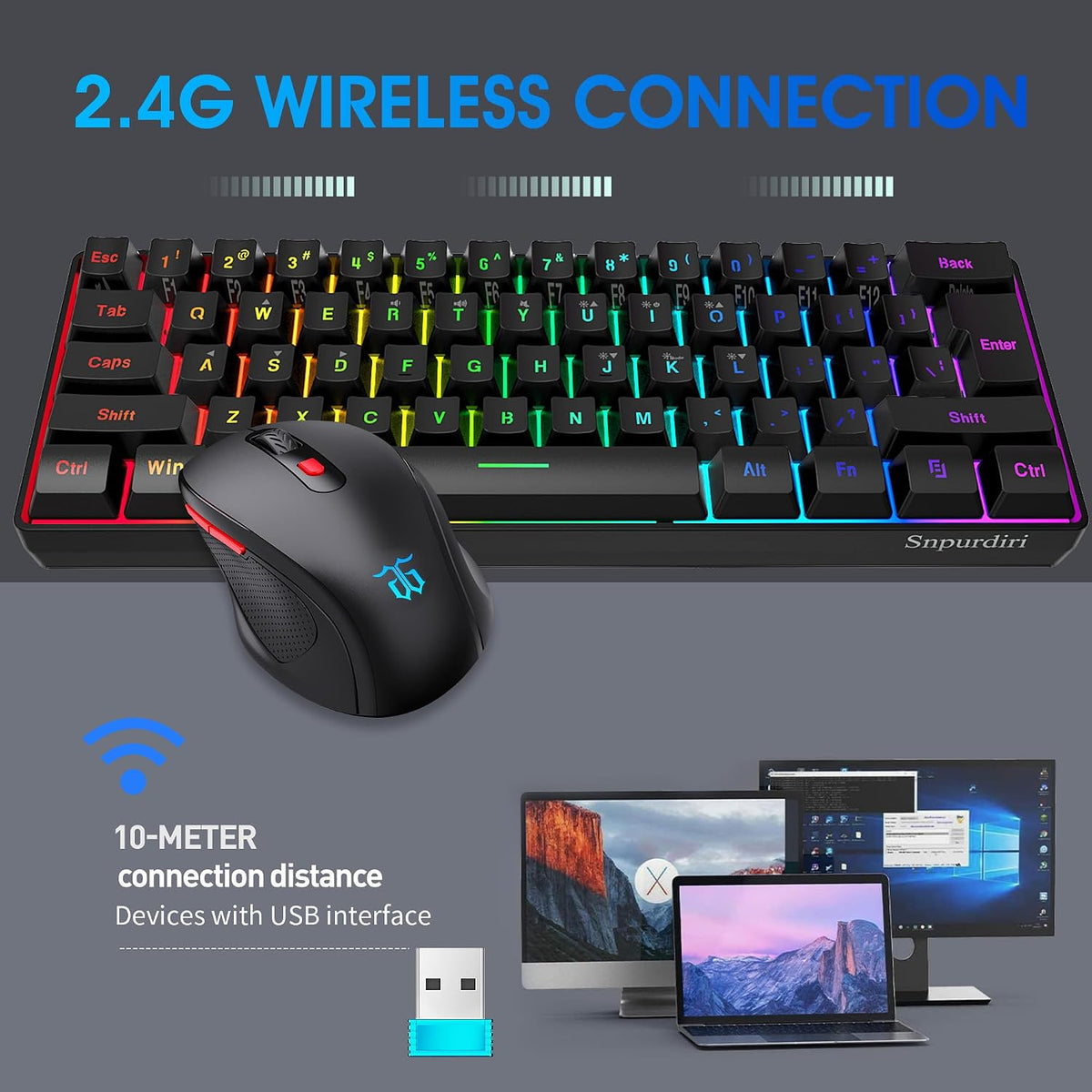 Snpurdiri 60% Wireless Gaming Keyboard and Mouse Combo, Include 2.4G Small Mi...