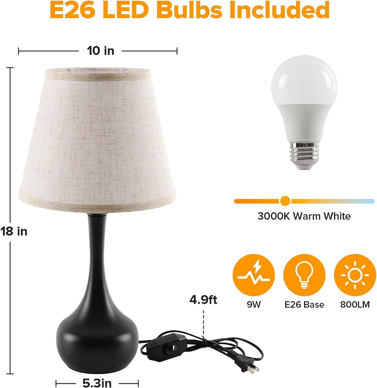18" Bedside Lamps for Nightstand, 0-100% Dimmable Table Lamps