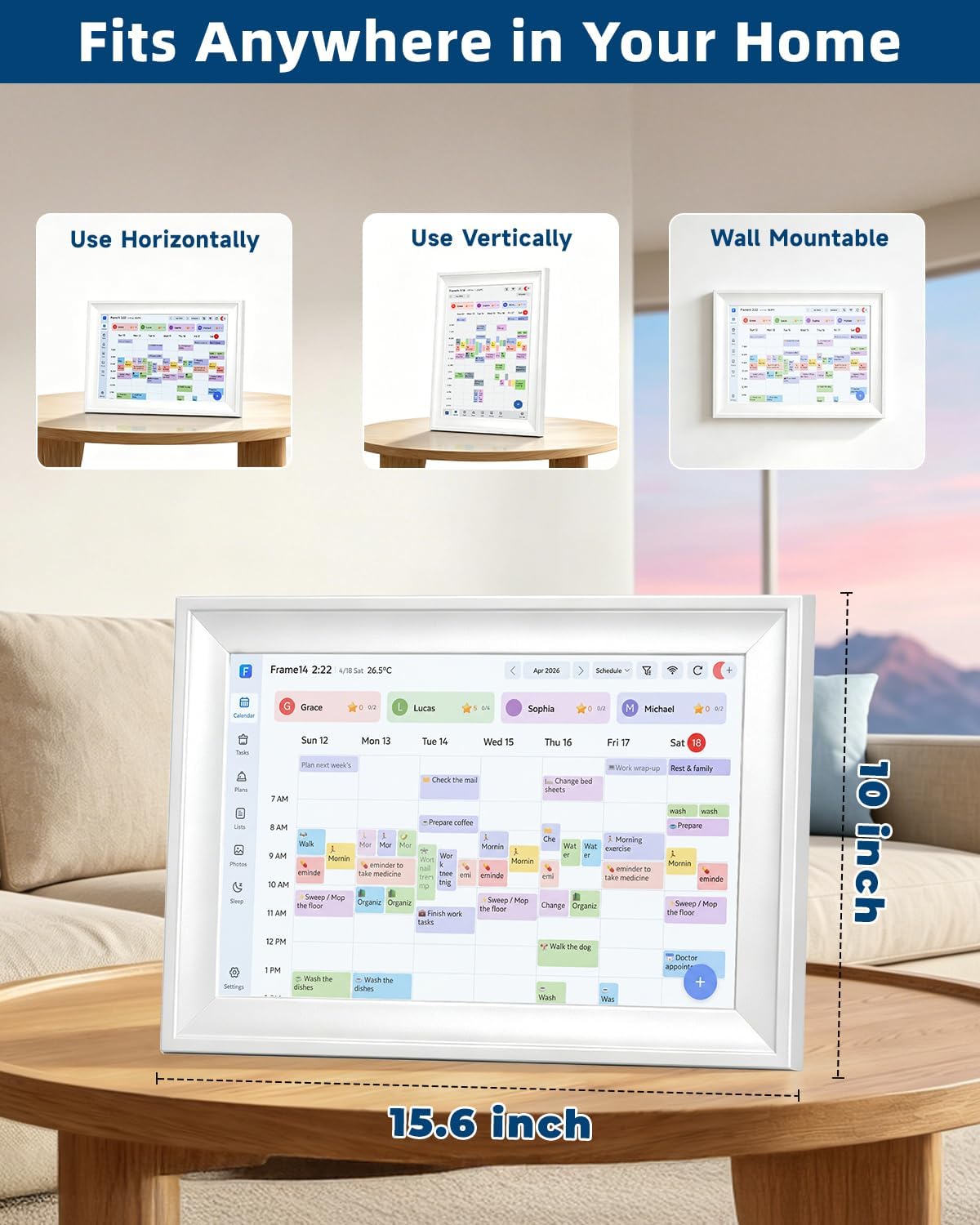 15.6in Digital Calendar for Family, No Subscription, Syncs Google Calendar