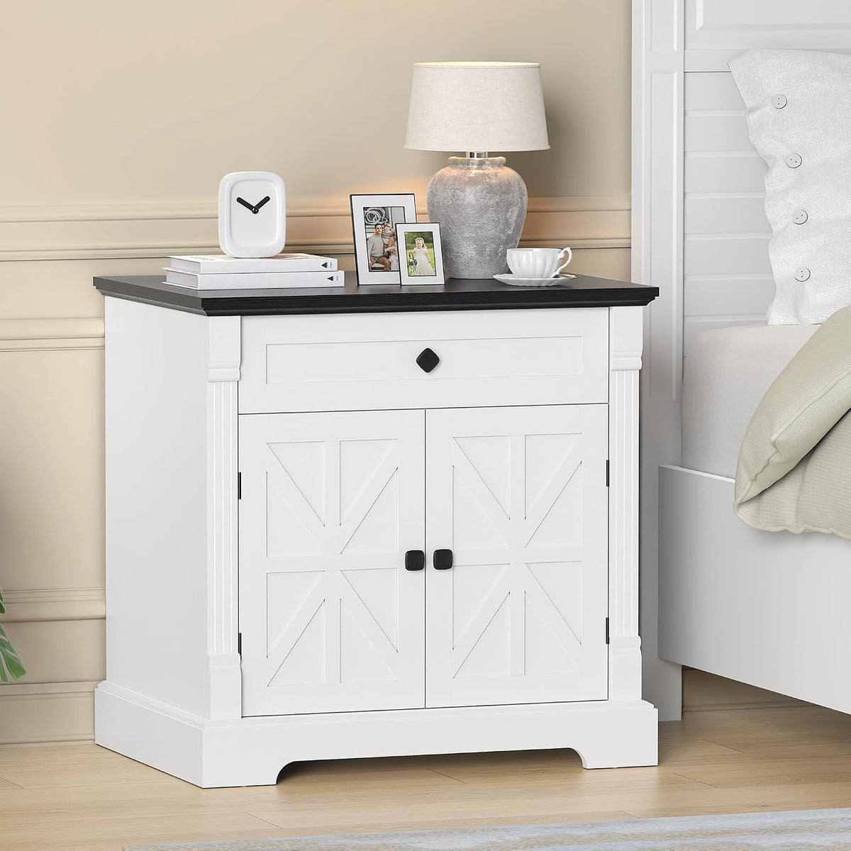 Bigbiglife Farmhouse Printer Stand, 29.9" Wide, Black Top & White Fi...