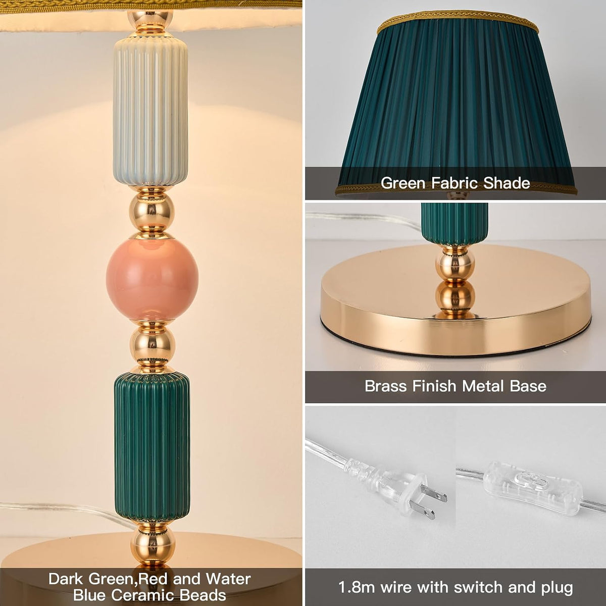 Green Fabric Shade Table Lamp Modern Metal Desk Lamp with Plug Cord Switch fo...