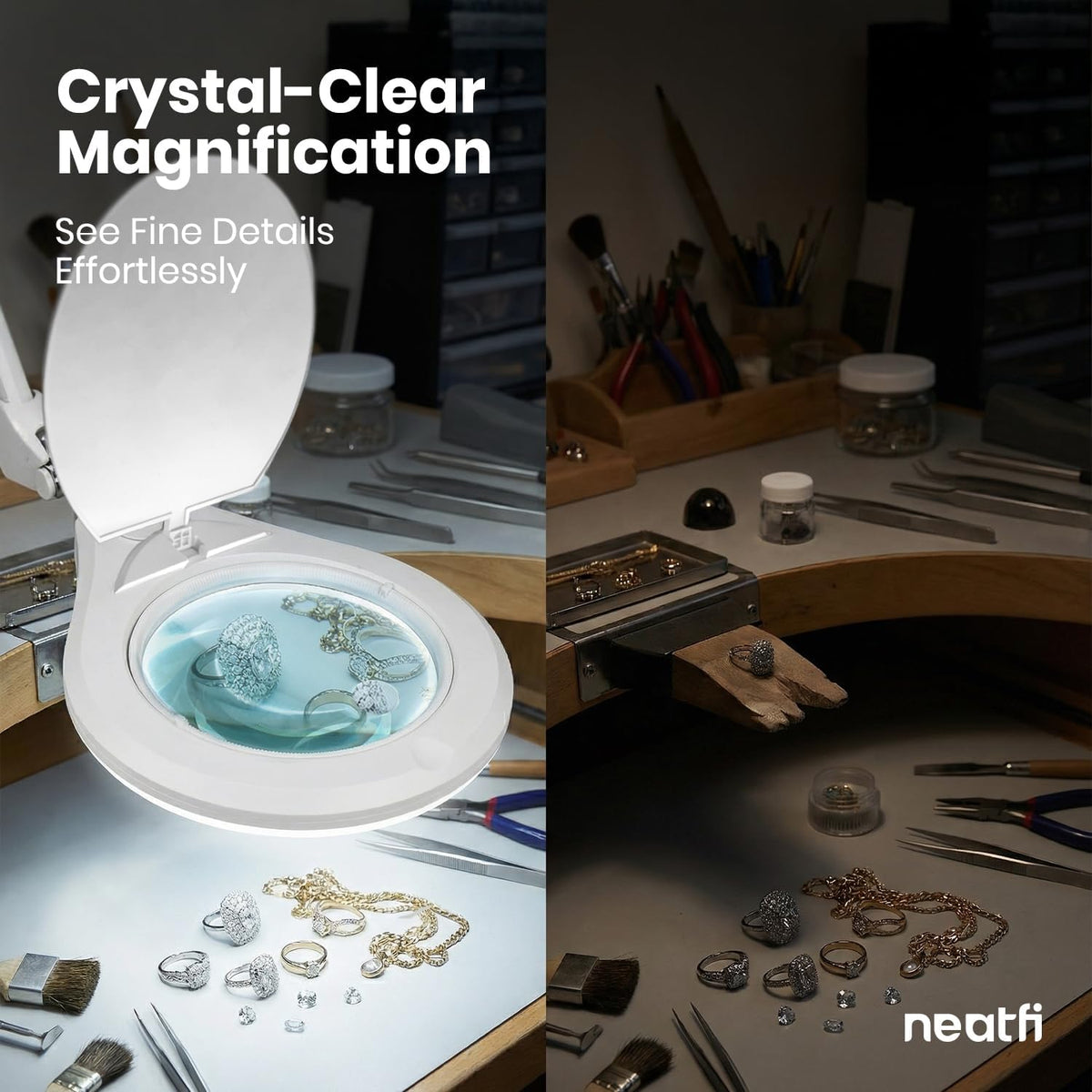 Neatfi Elite LED Magnifying Lamp, 6-Inch 2.25X/4X Lens, Clamp (White)