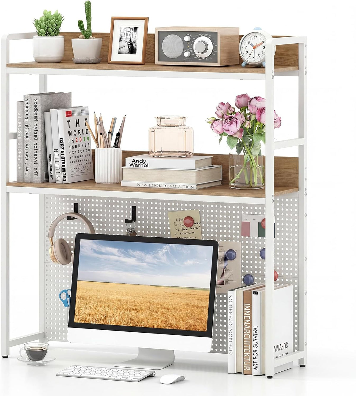 Tangkula Desktop Bookshelf, Multipurpose 2-Tier Desk Hutch with Pegboard, Ind...