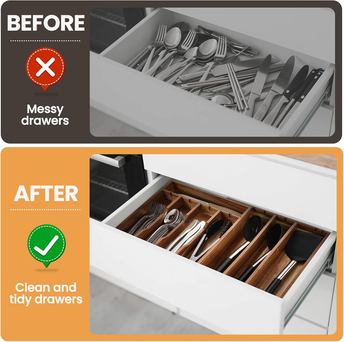 Acacia Wood Silverware Drawer Organizer, 21 Inch Adjustable Cutlery Tray for ...