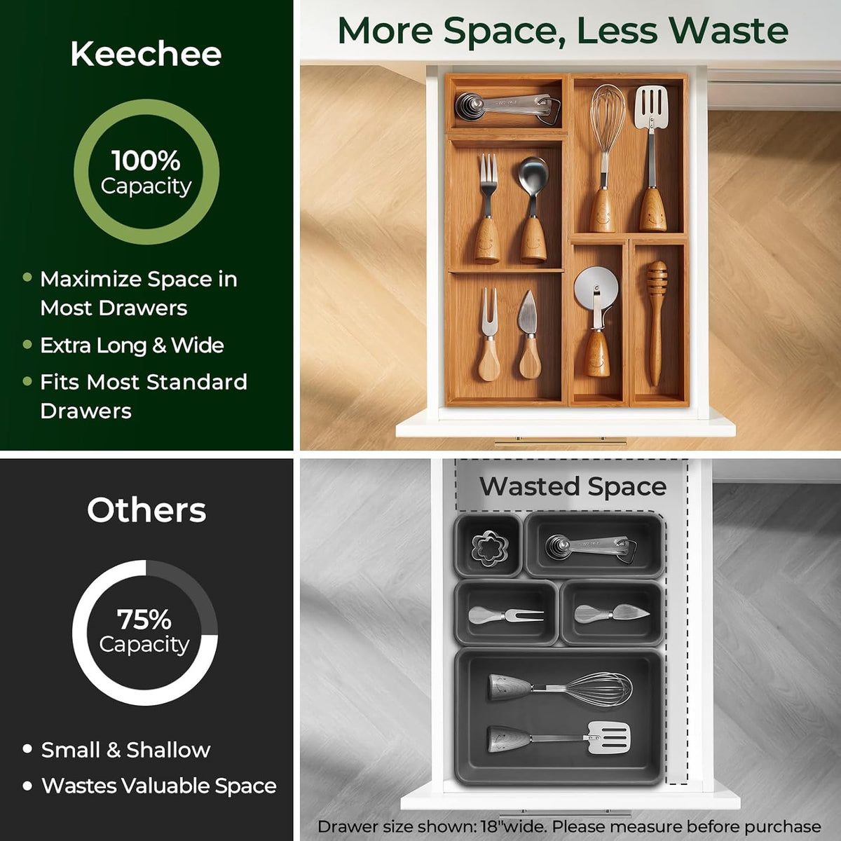 keechee 5-Piece Bamboo Drawer Organizer Set, 2.2" Deep Multi-Use Organiz...