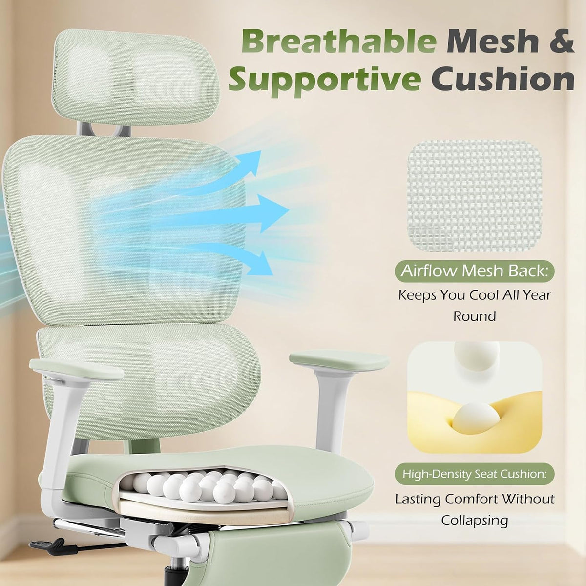 Ergonomic Office Chair with Footrest and Dynamic Lumbar Support, Green