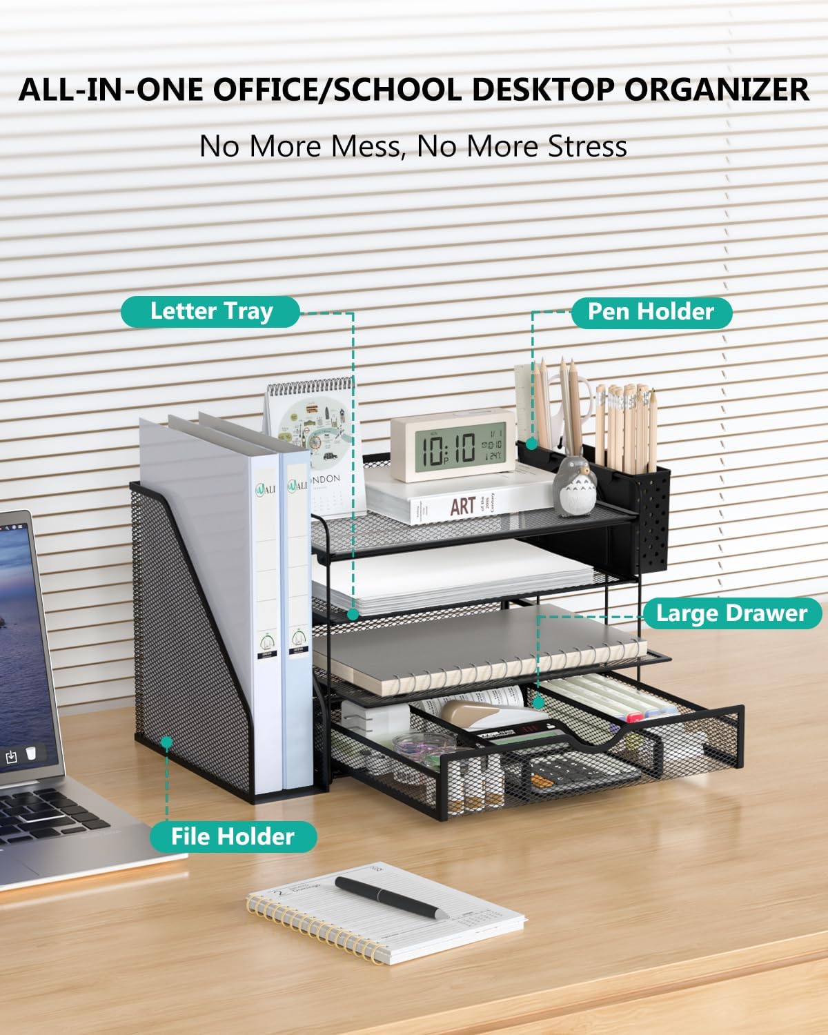 WALI Desk File Organizer, 4 Tier Desktop Paper Letter Tray Organizer with Dra...