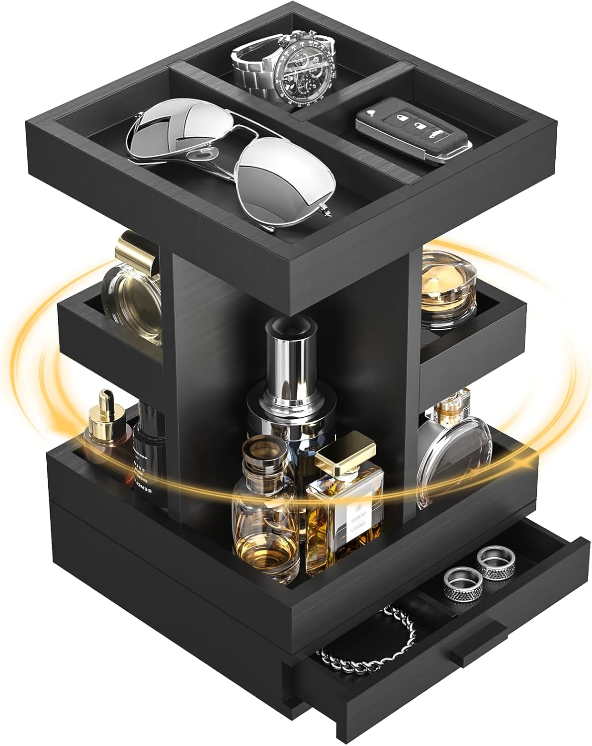 Rotating Cologne Organizer for Men, 3 Tier Wooden Stand with Drawer