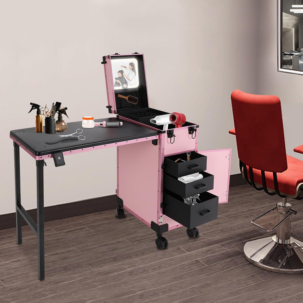 Professional Rolling Makeup Case, Foldable Nail Tables, Portable Manicure Tab...