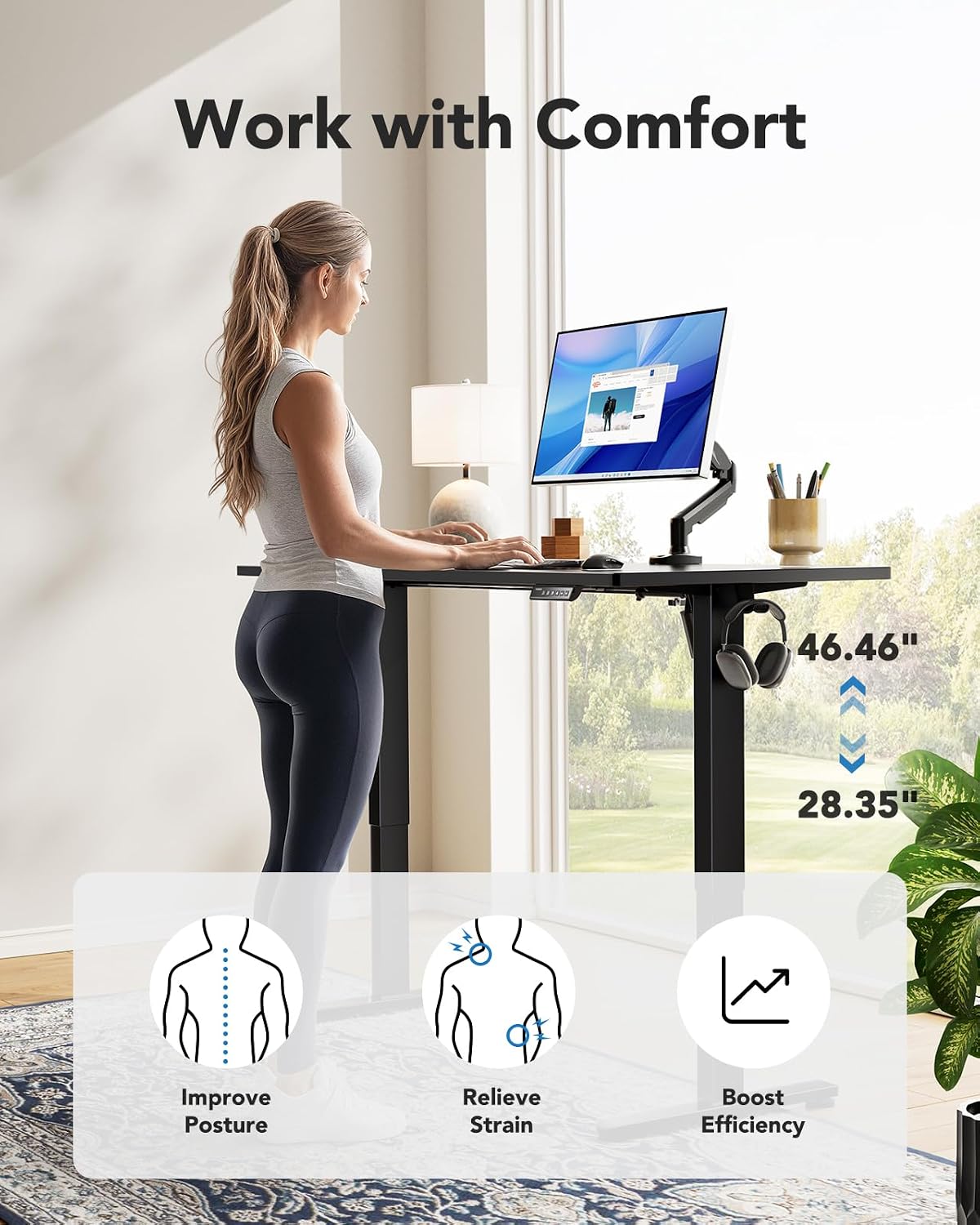 HUANUO Electric Standing Desk, Whole Piece Desktop, Adjustable Height Compute...