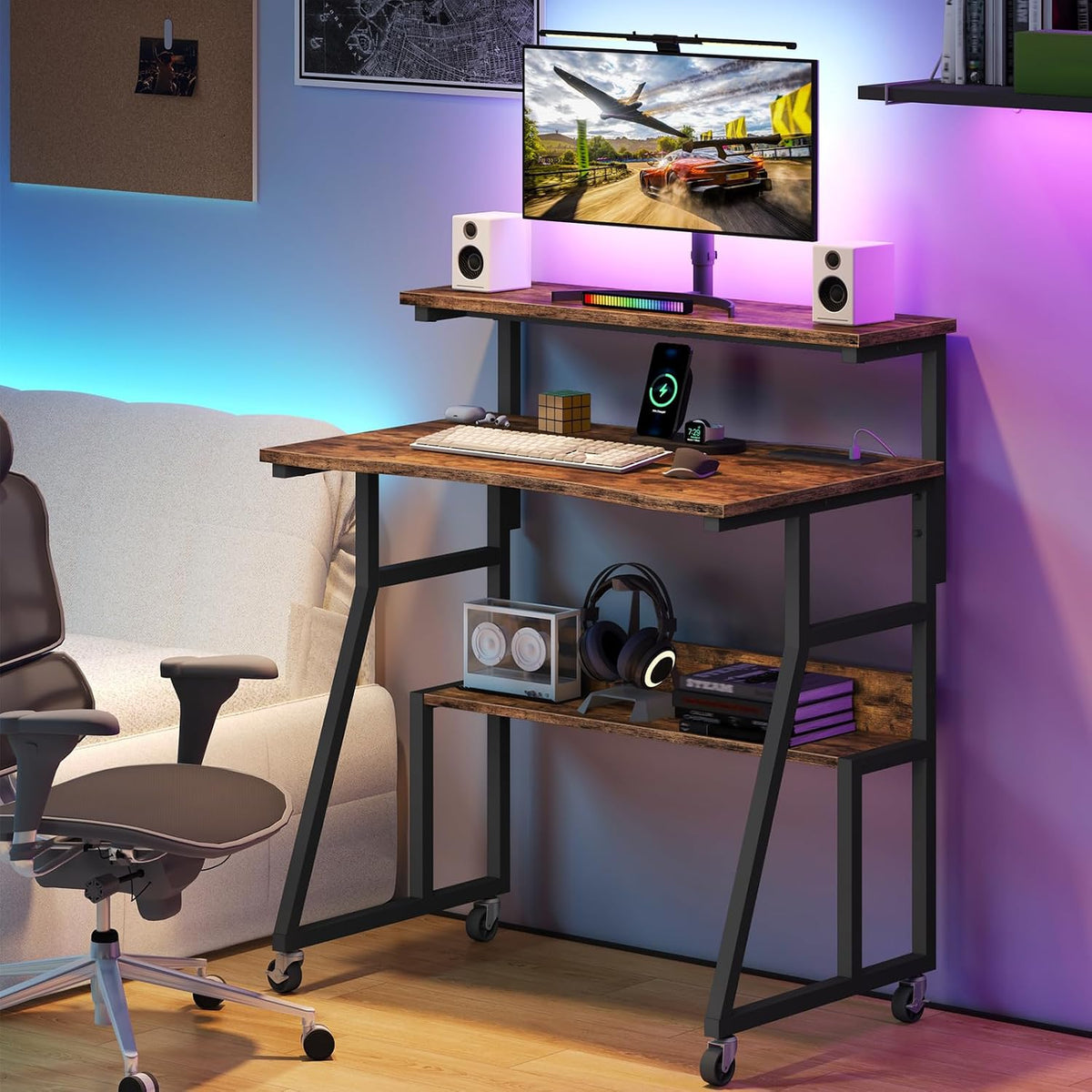 CHOEZON Rolling Computer Desk with Charging Station, 31.5 Inch Mobile Desk wi...