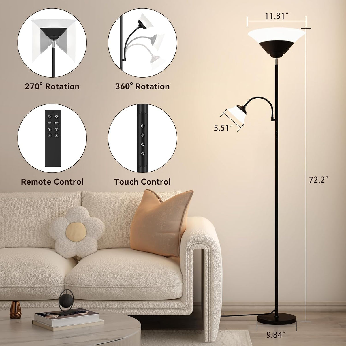 SIBRILLE 2-in-1 Torchiere Floor Lamp, 34W Super Bright LED Standing Lamp with...
