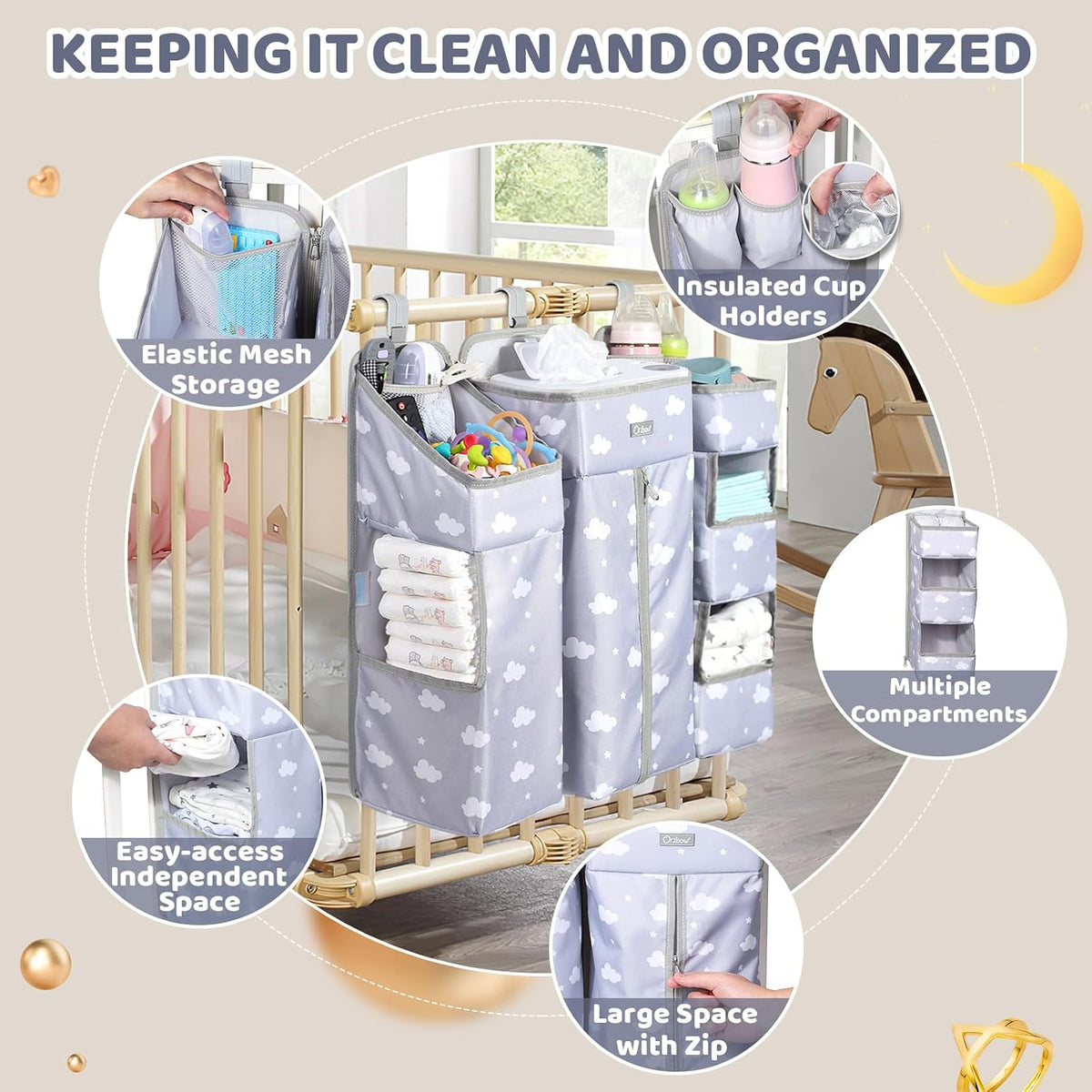 Orzbow 3-in-1 Hanging Diaper Caddy Organizer for Changing Table, Grey Cloud