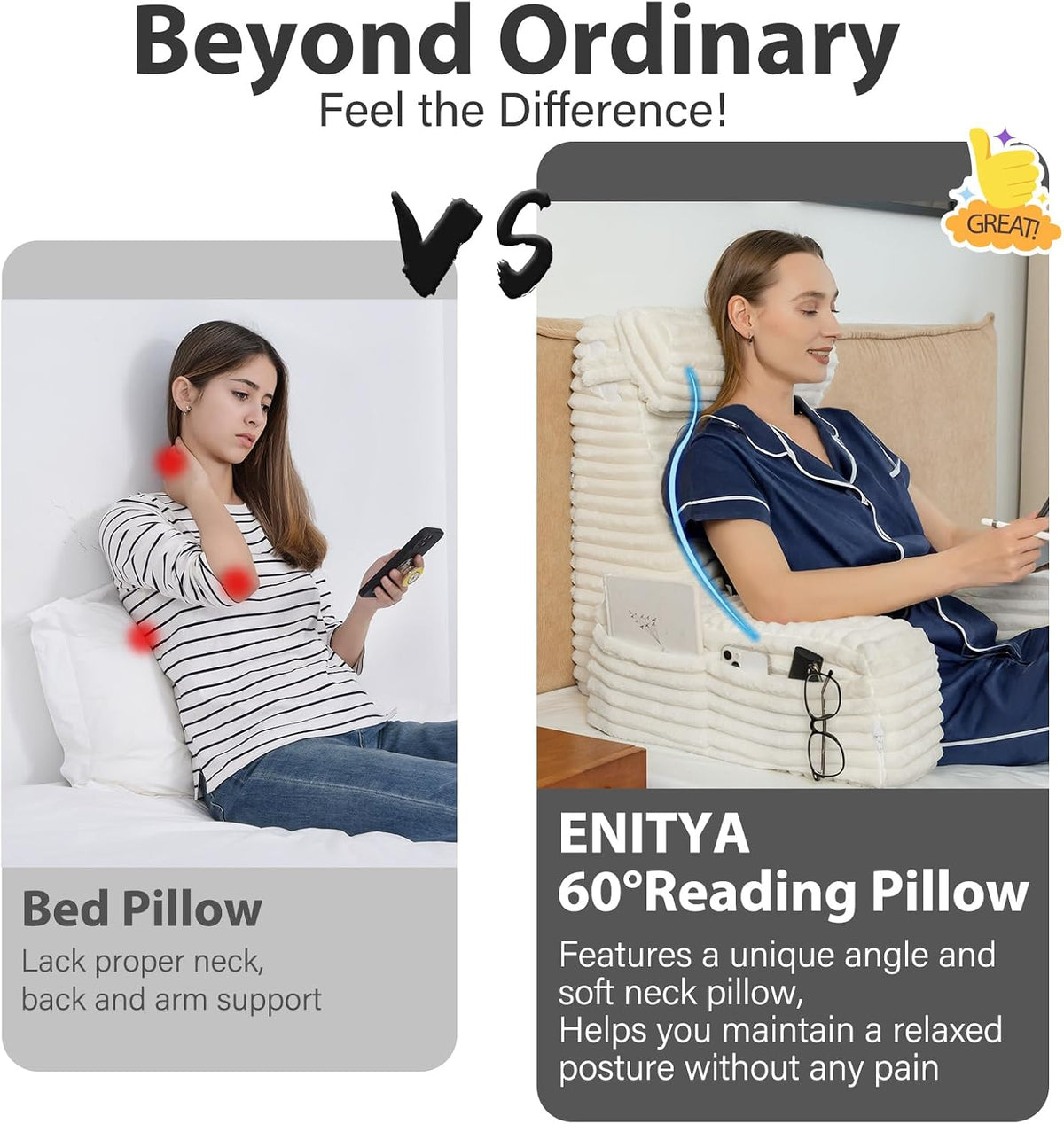 ENITYA 22" XL Back Pillow for Bed Sitting Up with Armrests & Big Poc...