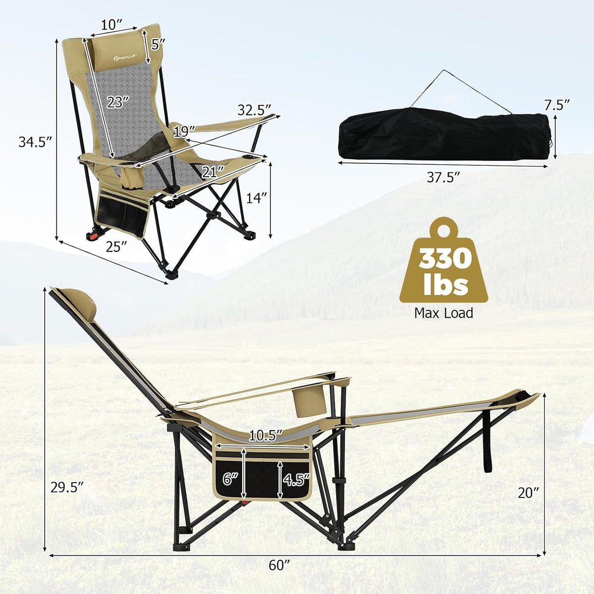 Goplus Camping Lounge Chair w/Detachable Footrest, Folding Beach Chair w/4-po...