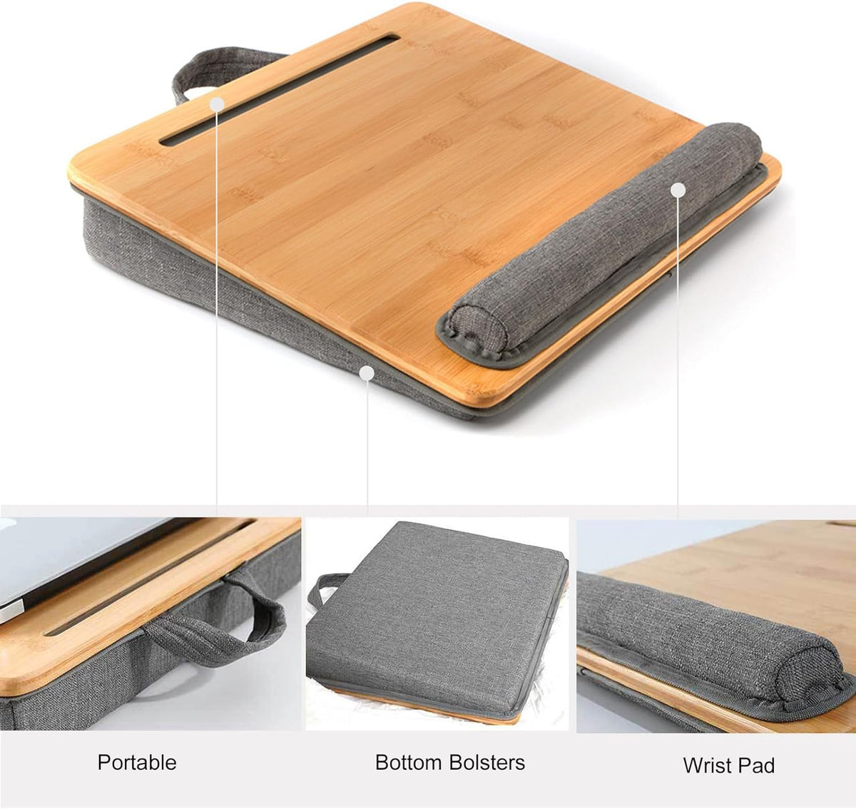 Bamboo Lap Desk for Laptop with Cushion Tablet Phone Holder Handle