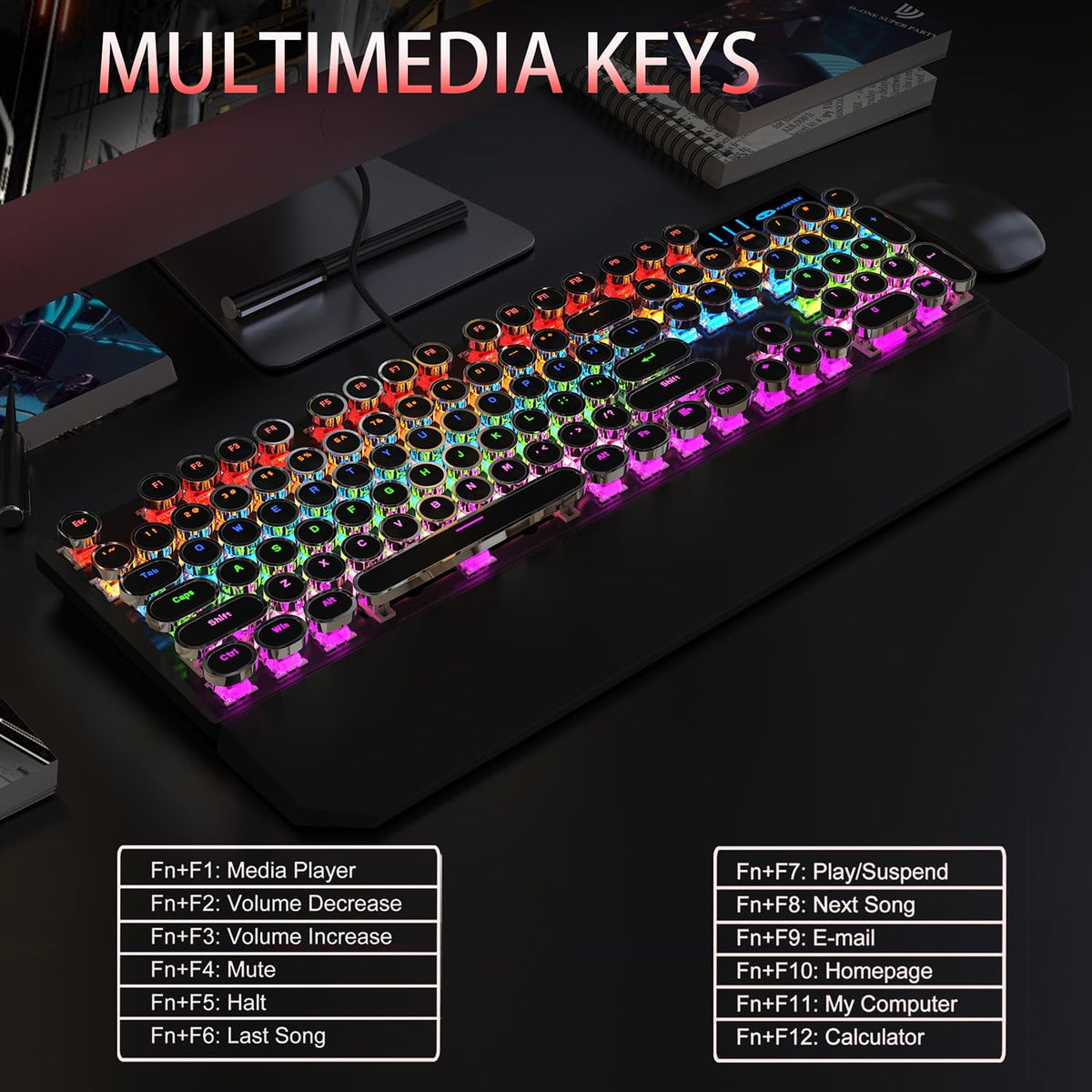 Camiysn Typewriter Style Mechanical Gaming Keyboard, Black Retro Punk Gaming ...