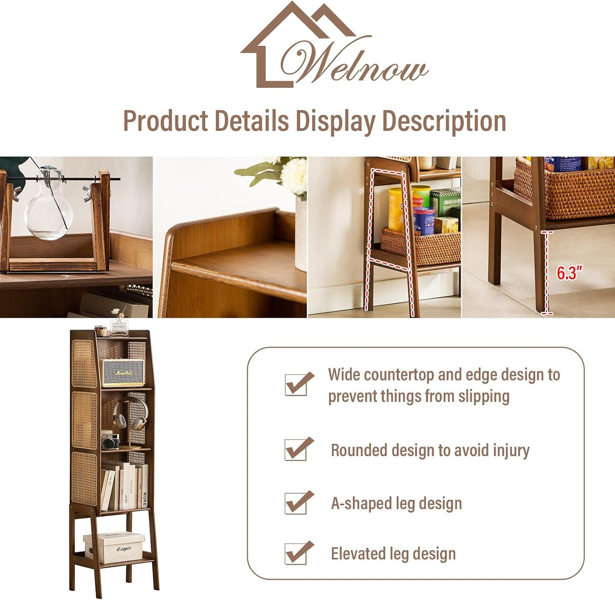 Welnow Bamboo Rattan Bookcase with Cabinet,4-Tier Wicker Bookshelf,Walnut