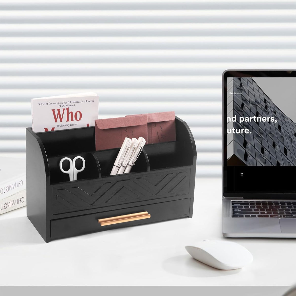 Charmewooden Black Desktop Organizer with Drawer Storage, White Desk Organize...