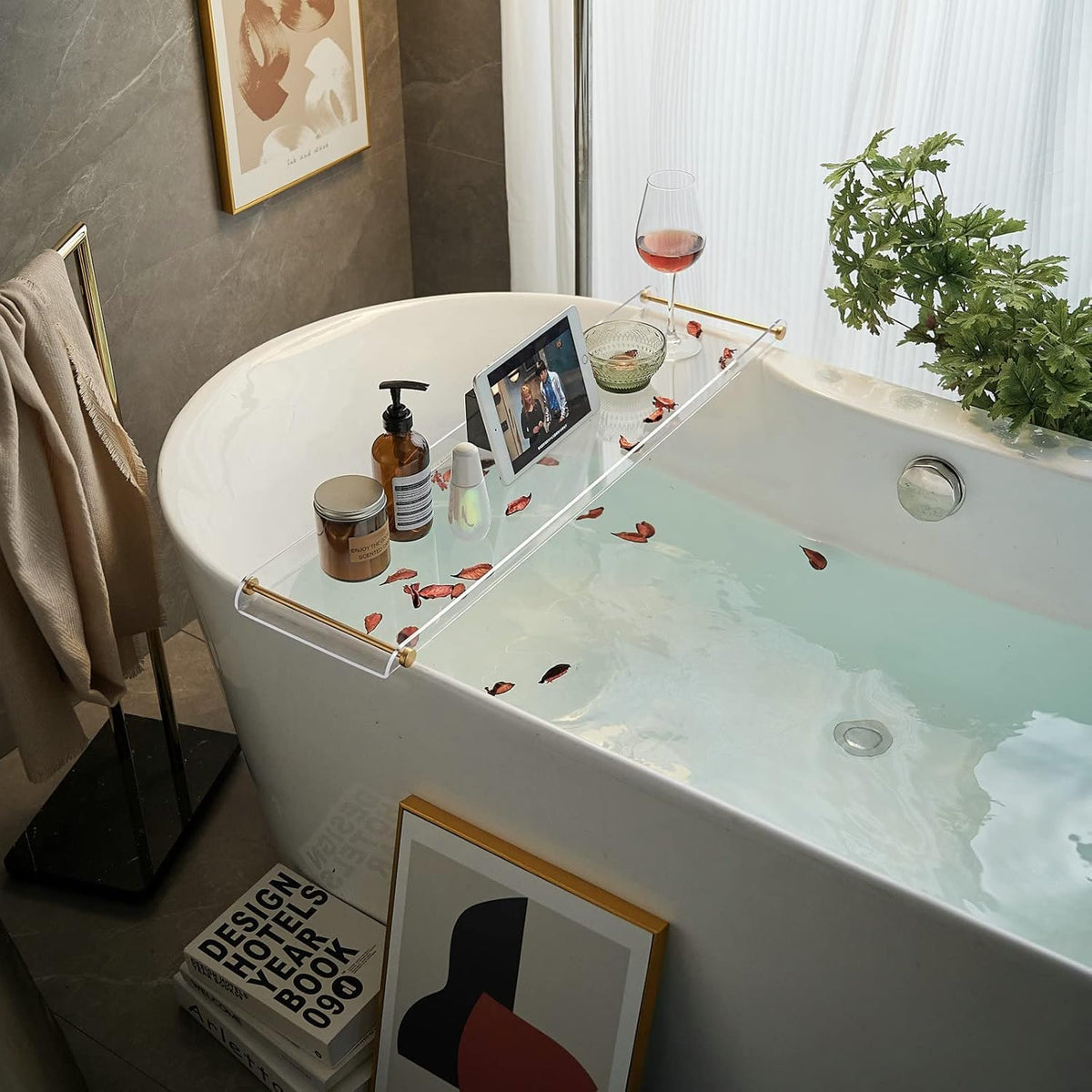 Beelee Clear Acrylic Bathtub Tray, Gold Rail Waterproof Tub Caddy Accessory