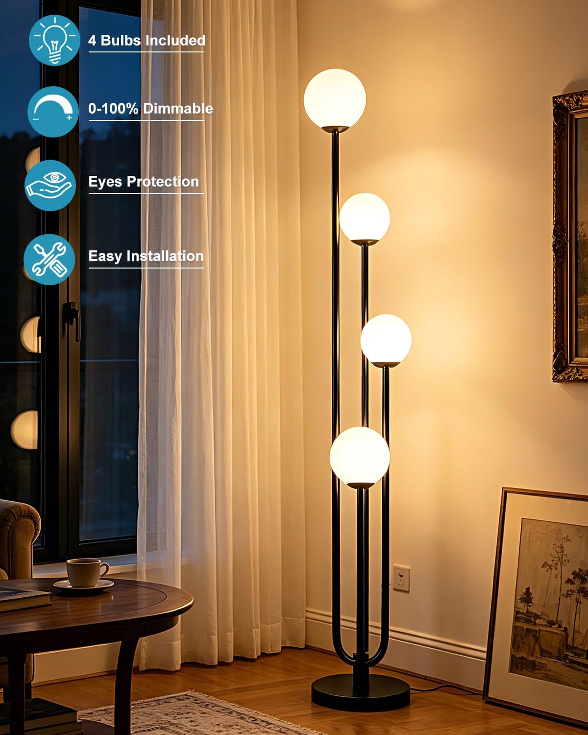 63IN 4-Light Globe Floor Lamp, Unique Black Tall Standing Lamps with 3000K Bu...