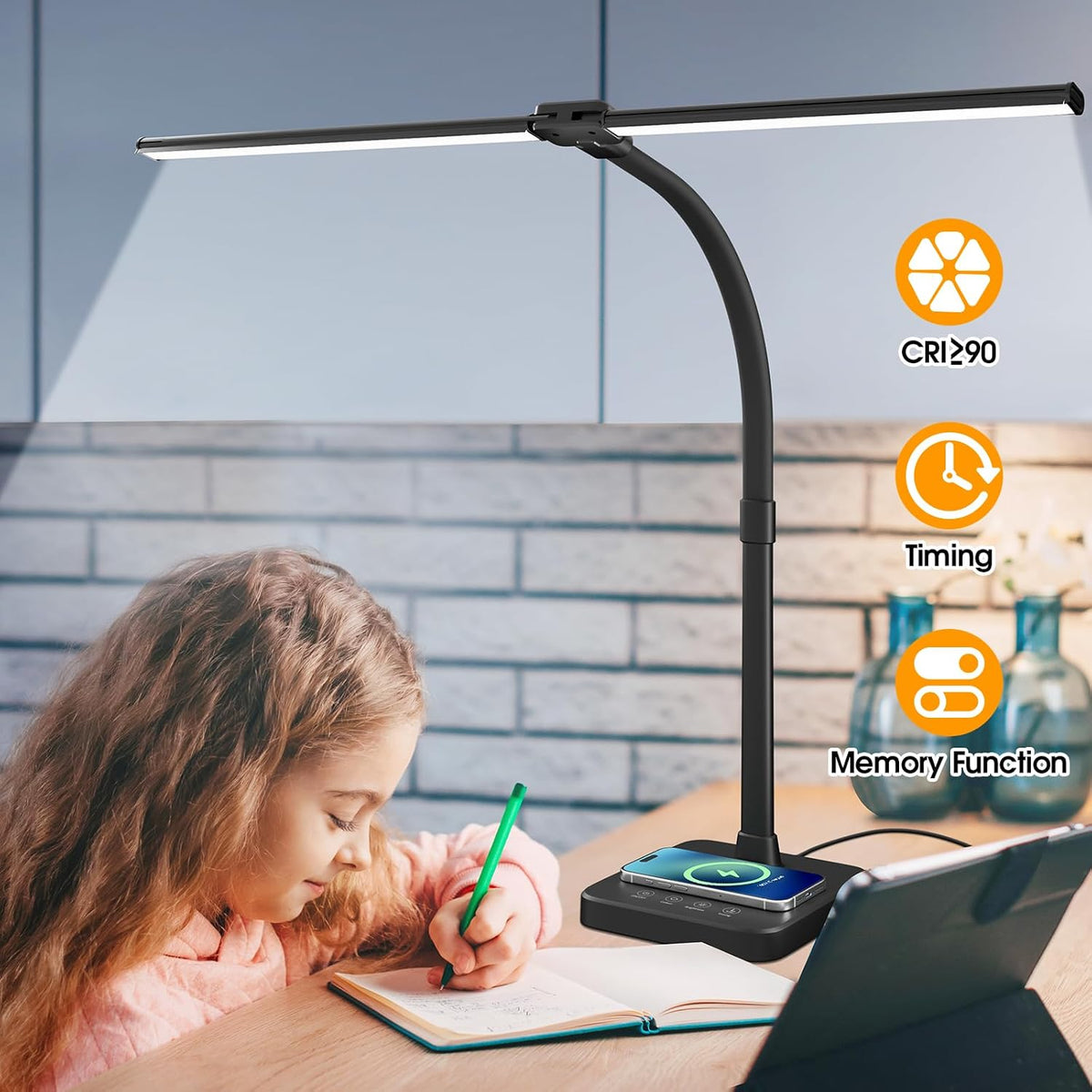 ShineTech LED Desk Lamp, 24W Double Head Desk Light with Wireless Charging
