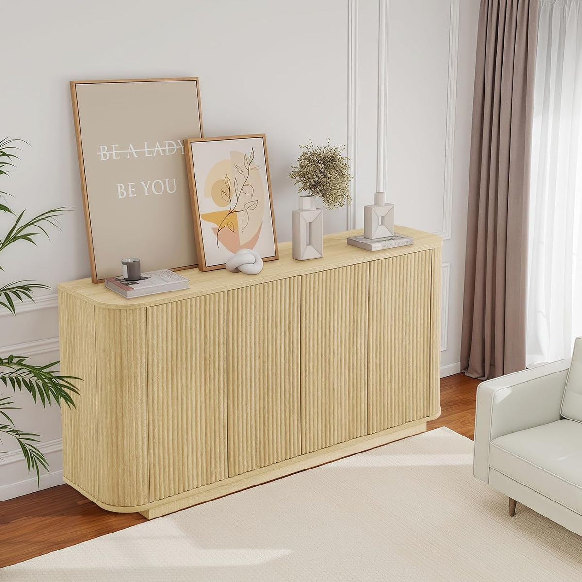 64" Fluted Buffet Cabinet with Storage, Natural Sideboard Cabinet