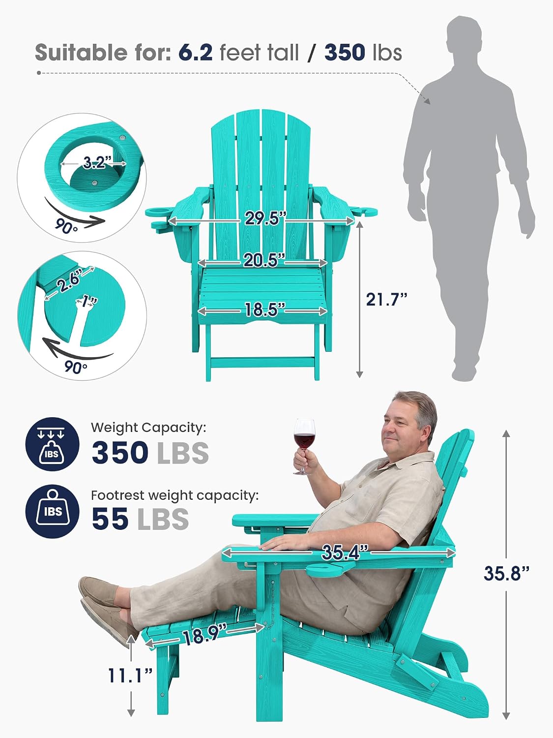KINGYES Folding Adjustable Adirondack Chair with Ottoman & 2 Cup Holders,...