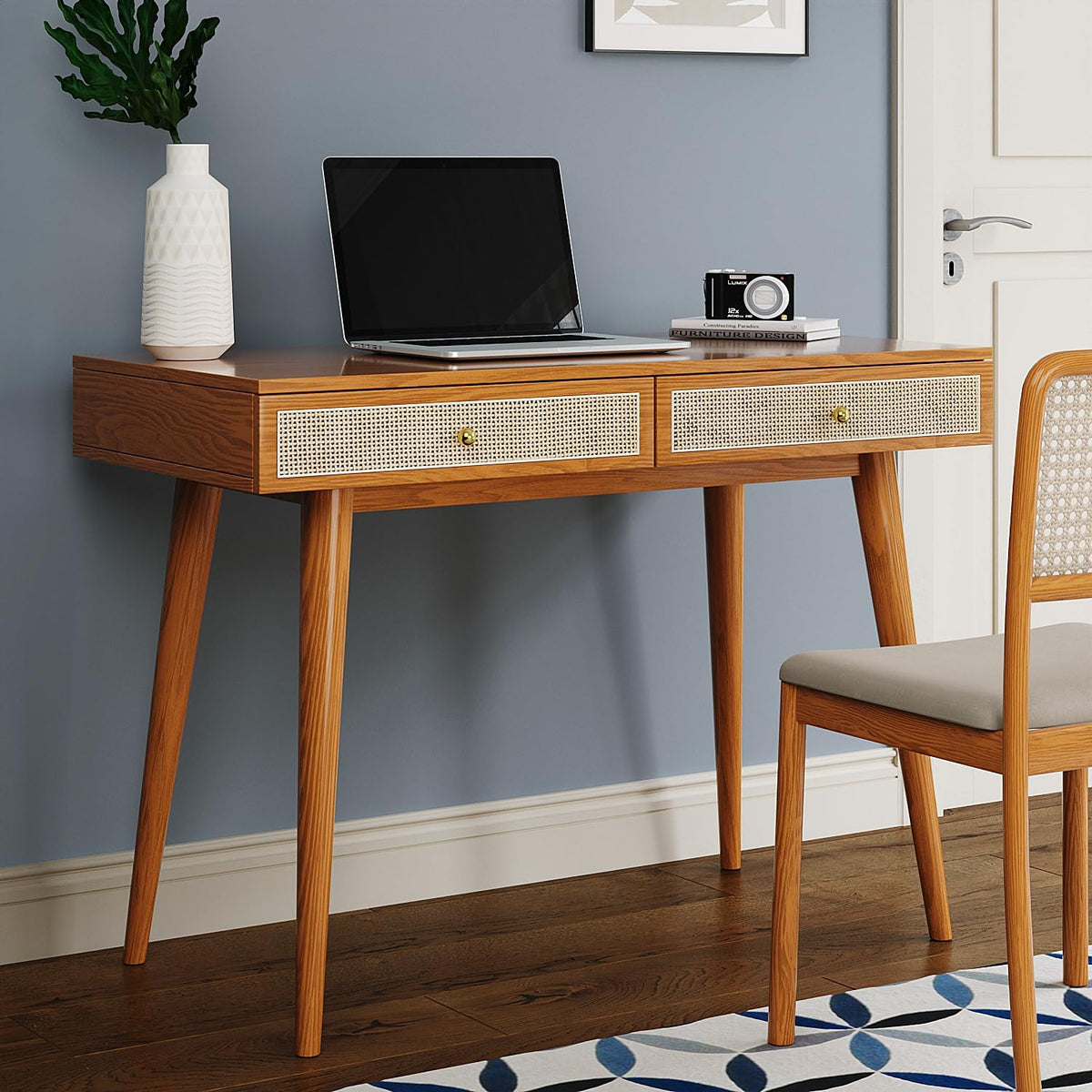Mid-Century Modern Solid Wood Desk with Drawers – 45 inch Small Boho Rattan W...