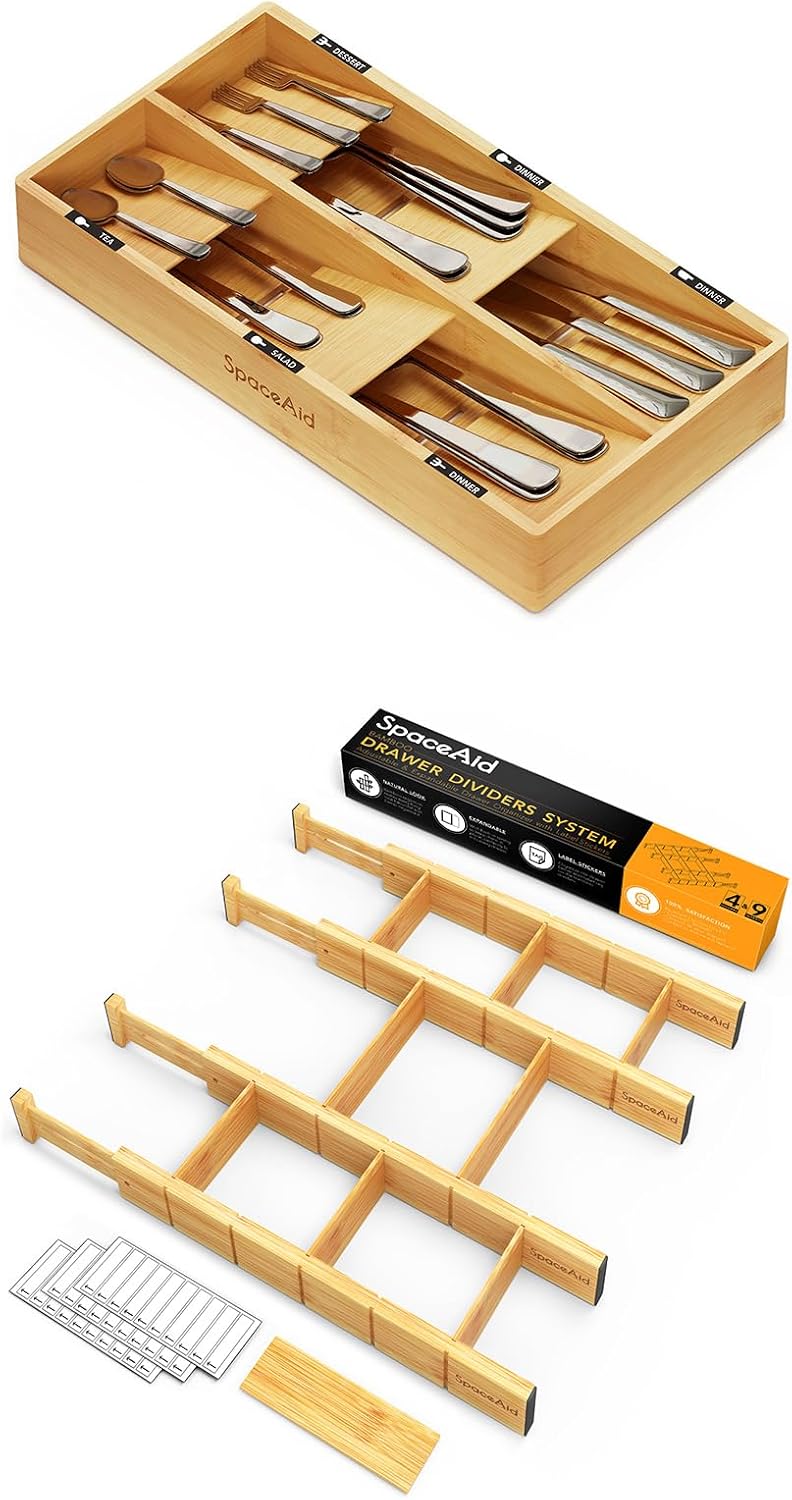 SpaceAid Bamboo Silverware Drawer Organizer with Labels (Natural, 6 Slots) Ba...