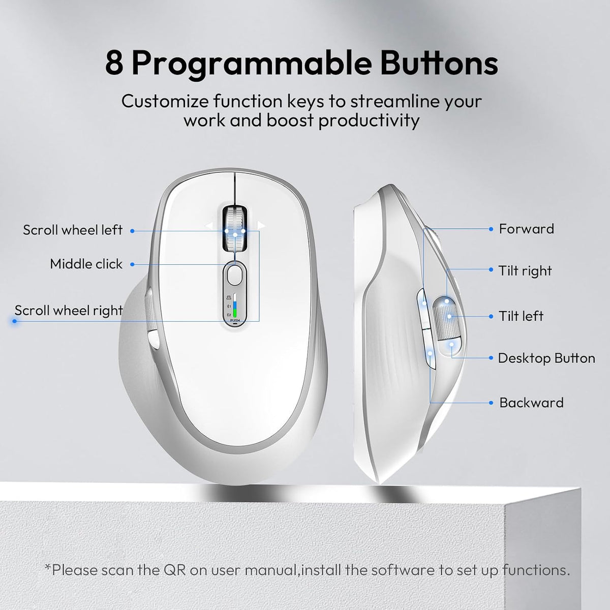 Rechargeable Wireless Mouse with Side Scroll Bluetooth Mouse -White