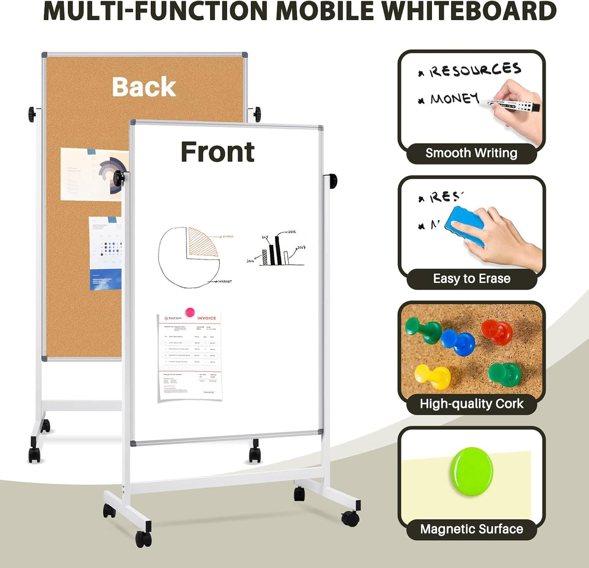 Rolling Whiteboard Cork Board, 40" x 24", Double Sided, Height Adju...