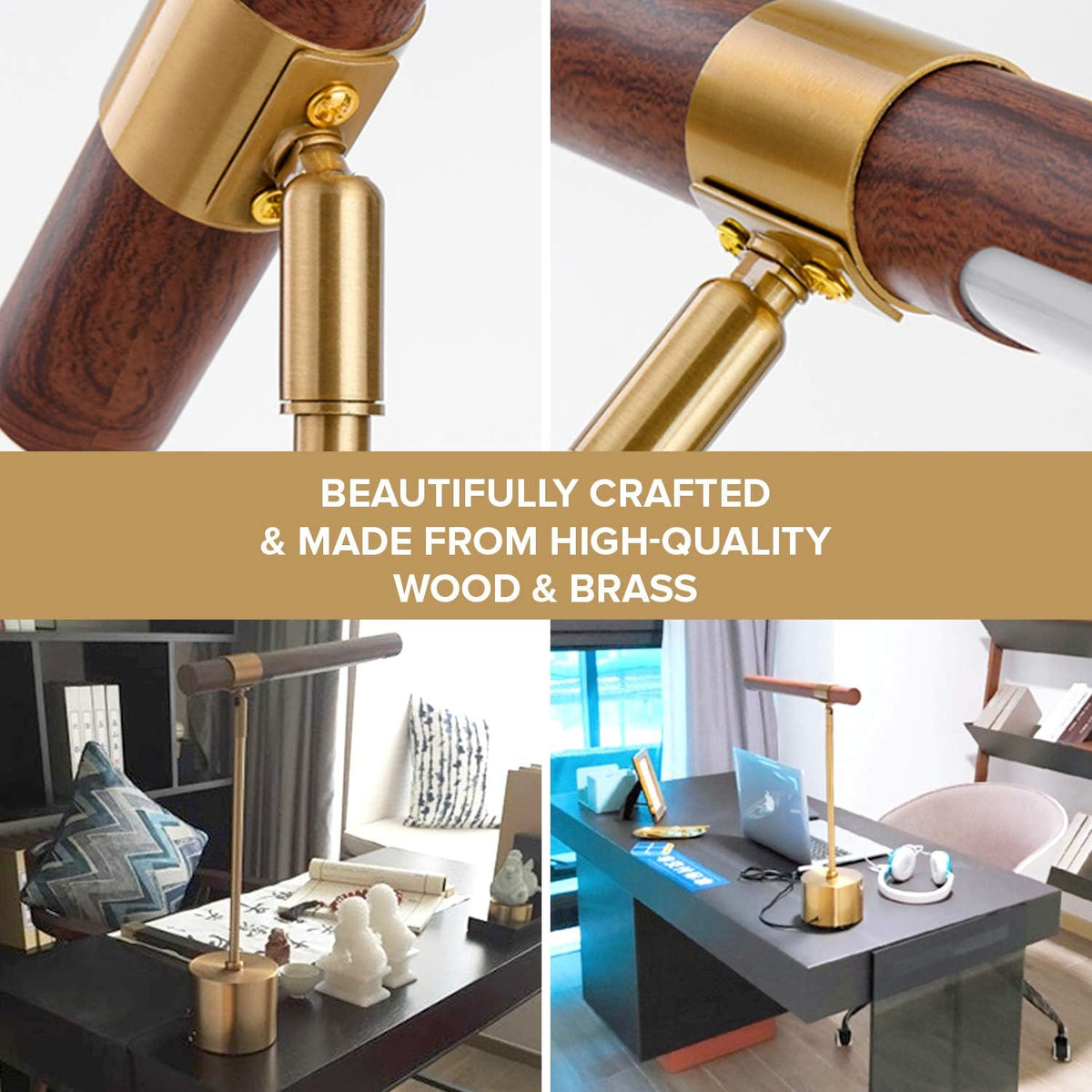 Modern Banker Slim Table Lamp - LED Desk Light - Wood Brass Lamp - Adjustable...