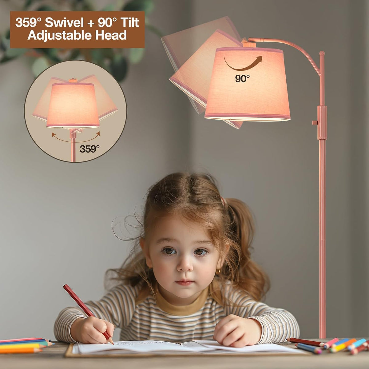 AIDENOEY Pink Floor Lamp with Table, Dimmable Standing Lamp, Living Room