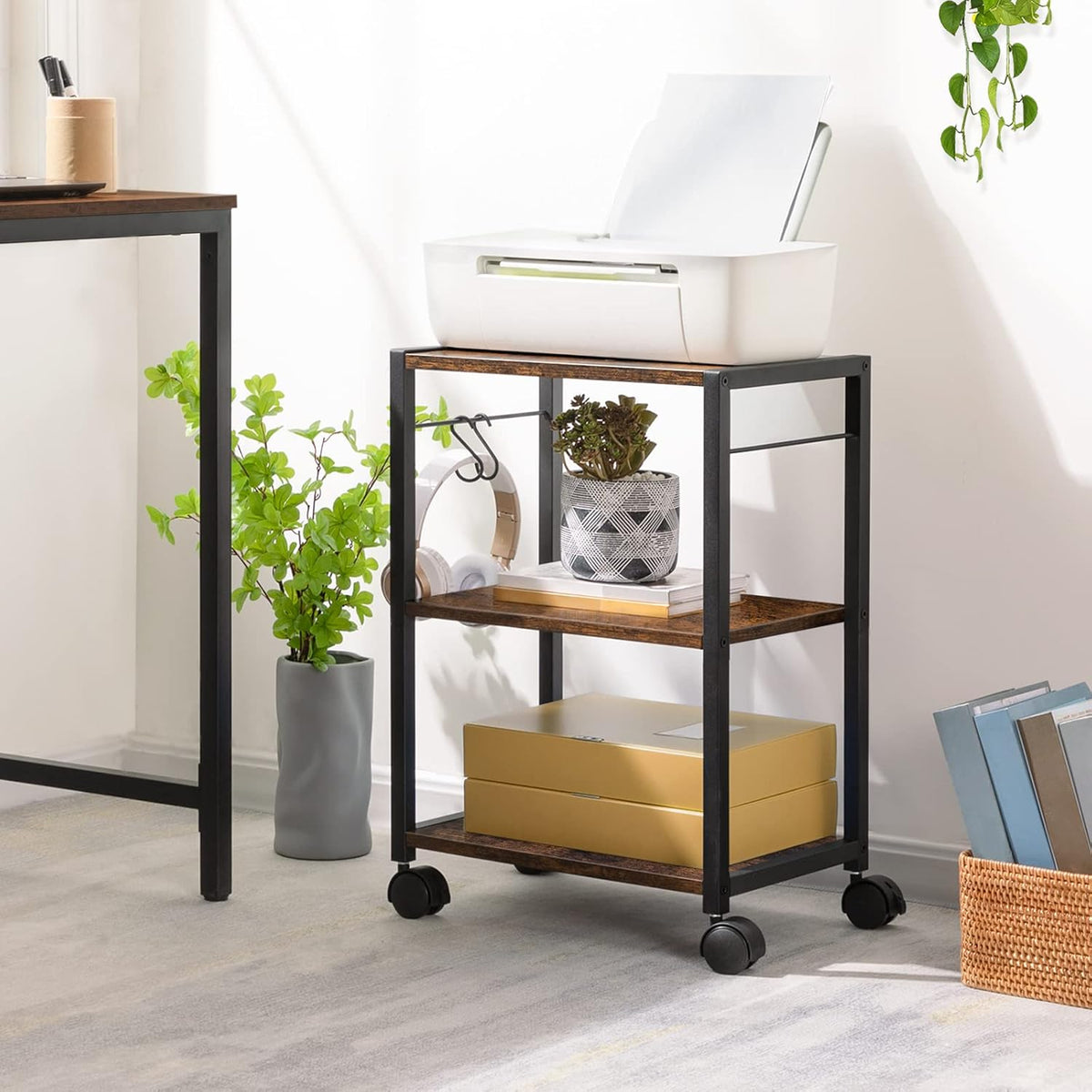 MAHANCRIS Printer Stand, 3-Tier Under Desk Rolling Cart with Storage Shelf, H...