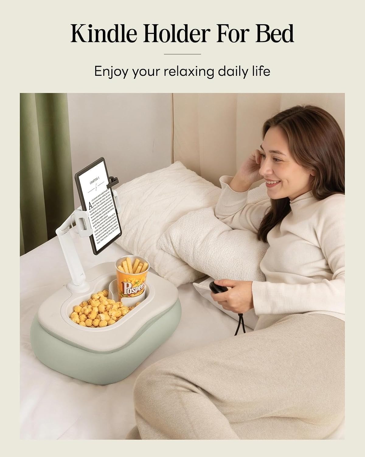 SAIJI Kindle Pillow Stand for Bed, Soft and Comfortable Tablet Holder,Green