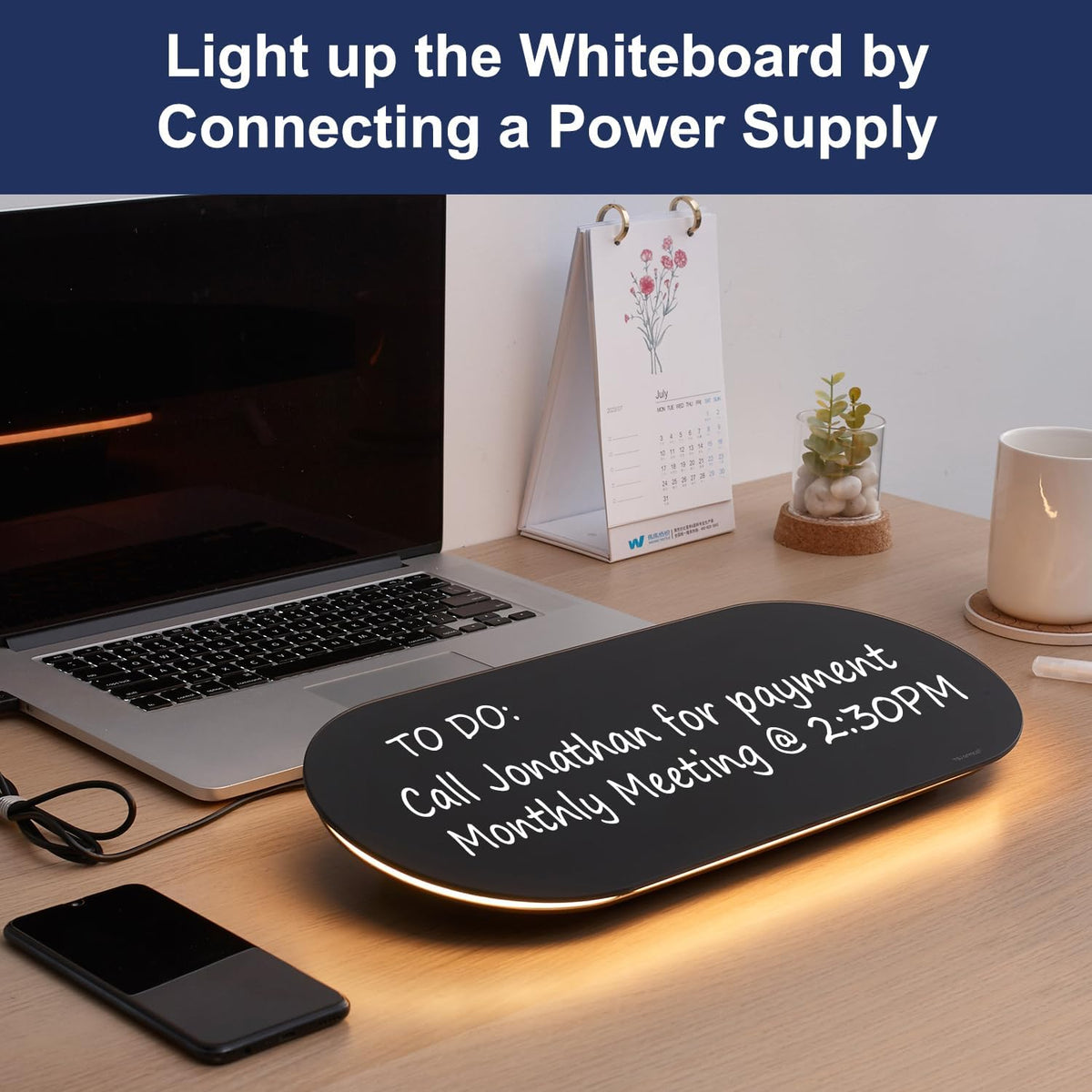 TSJ OFFICE Glass Desktop Whiteboard - 17 X 7 Inches Black Board Warm Light
