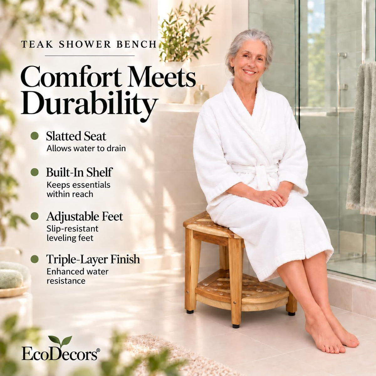 EcoDecors 18’’ Corner Teak Shower Bench, Shower Stool & Foot Rest