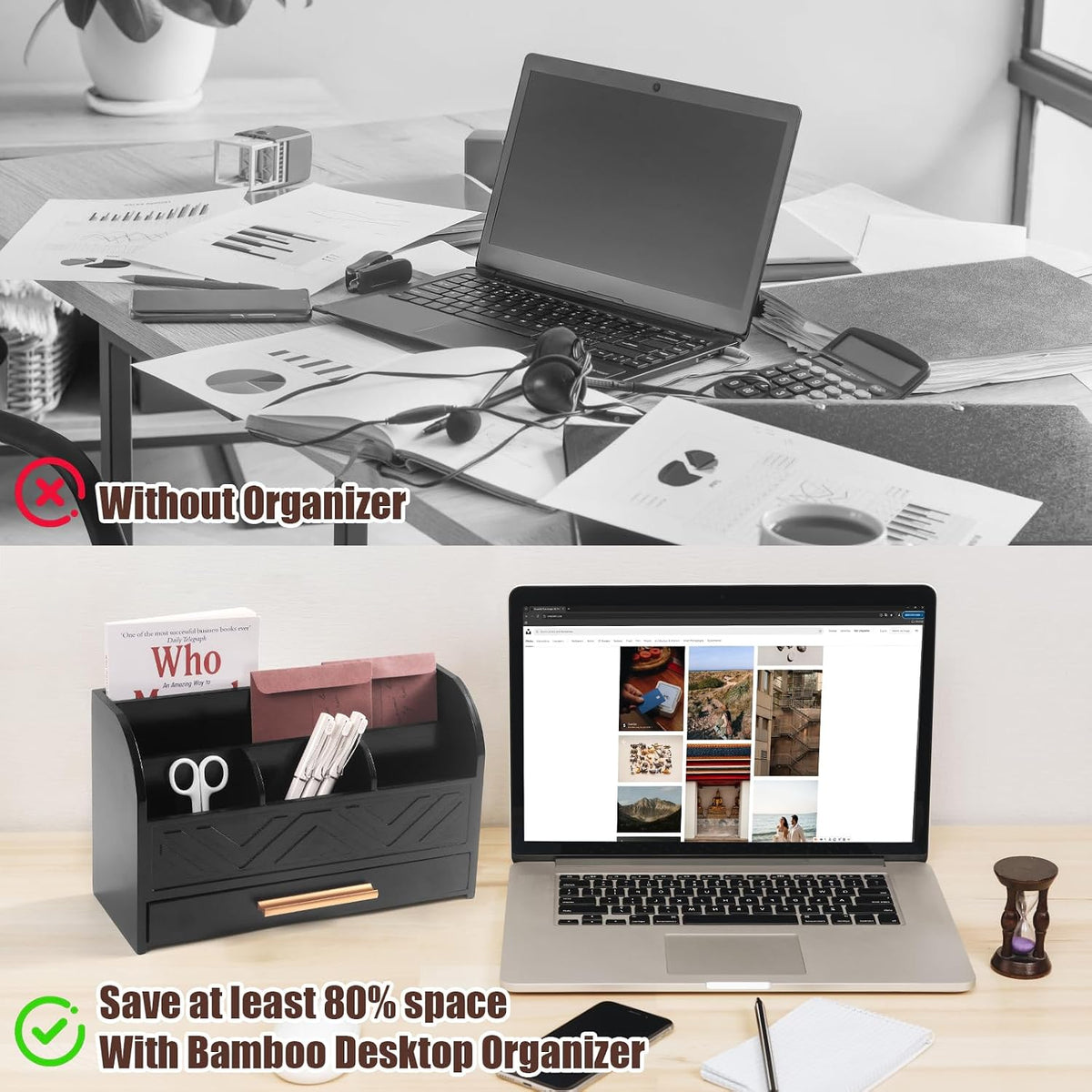 Charmewooden Black Desktop Organizer with Drawer Storage, White Desk Organize...