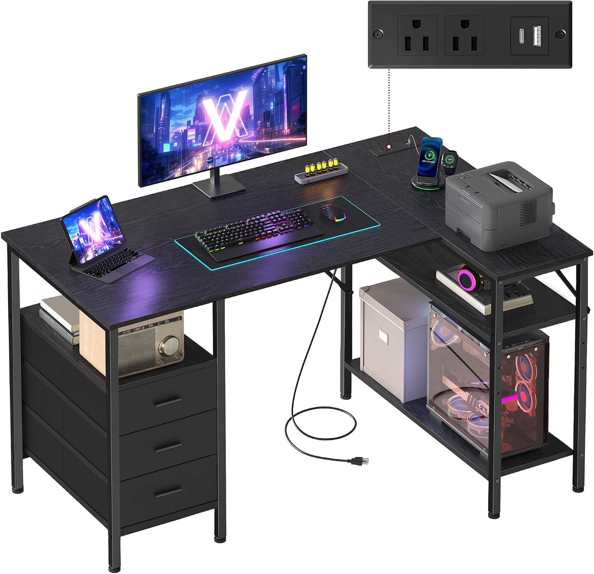 VASAGLE L Shaped Computer Desk with Drawers, Small Gaming Desk with Shelves