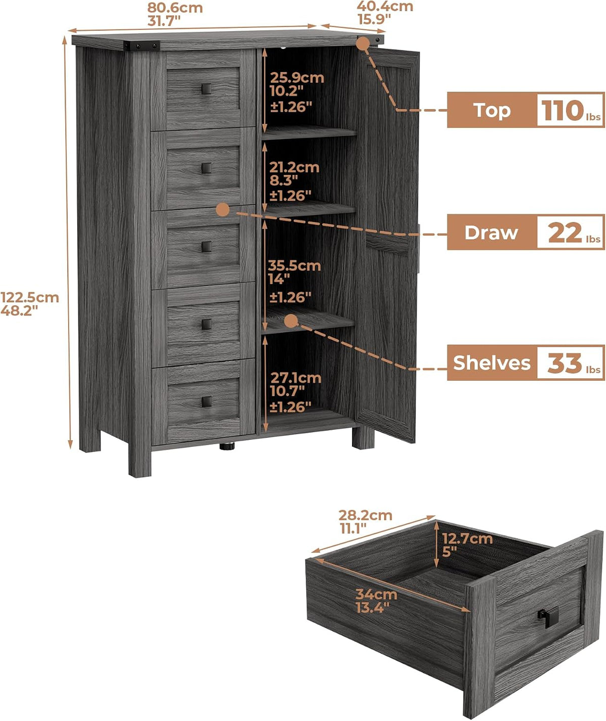 VVFLU Farmhouse Dresser Storage Cabinet Chest of Drawer for Bedroom, 5 Drawer...