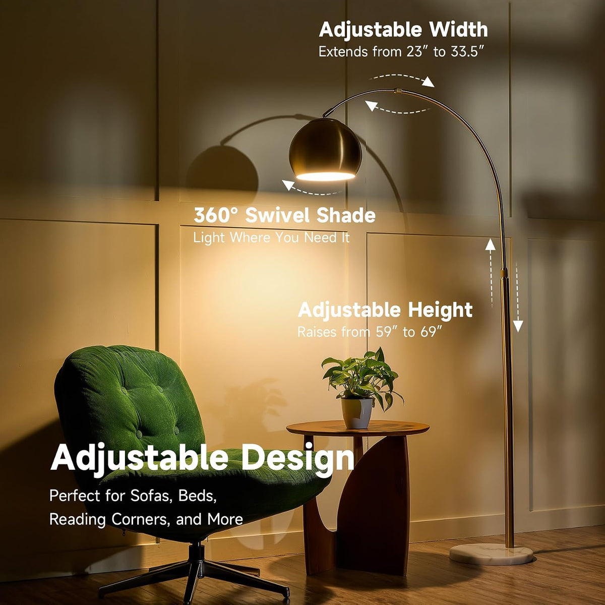 CO-Z 69" Modern Arc Floor Lamp, Gold Standing Light with Adjustable Meta...